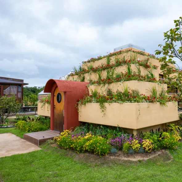 The villa HANA, which was designed to resemble a mountain of flowers.