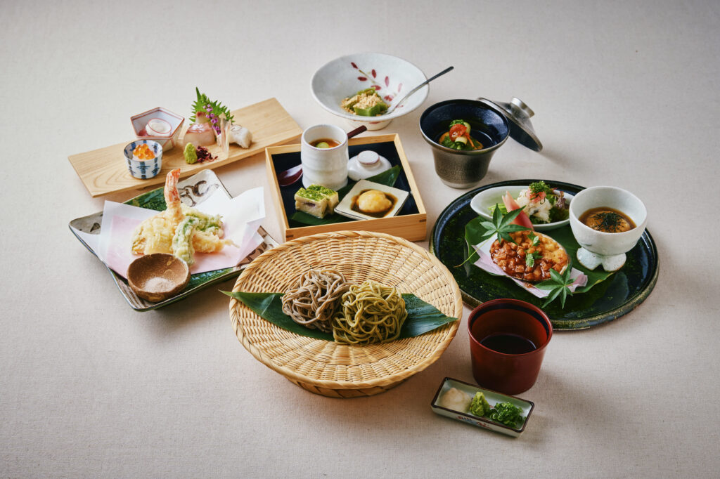 Seasonal Japanese soba course with handmade noodles, tempura, appetizers, and dipping sauce