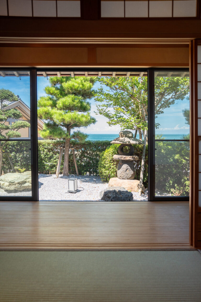 Private Japanese garden with ocean view at Awaji Island onsen ryokan, luxury suite with peaceful retreat and traditional ryokan design in Luxury Japanese Ryokan with Private Onsen on Awaji Island